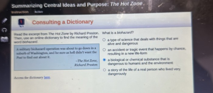 Summarizing central ideas and purpose the hot zone